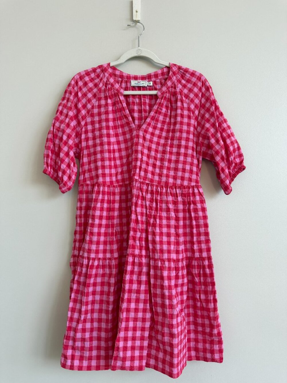 Vineyard Vines Harbor Pink Gingham Tiered Performance Dress M